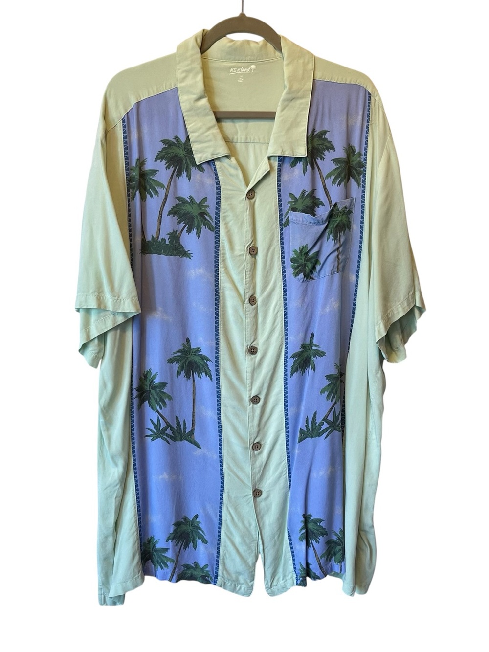 KS Island button up shirt 3XL Tropical palm tree Green Rayon Hawaiian beach Mens